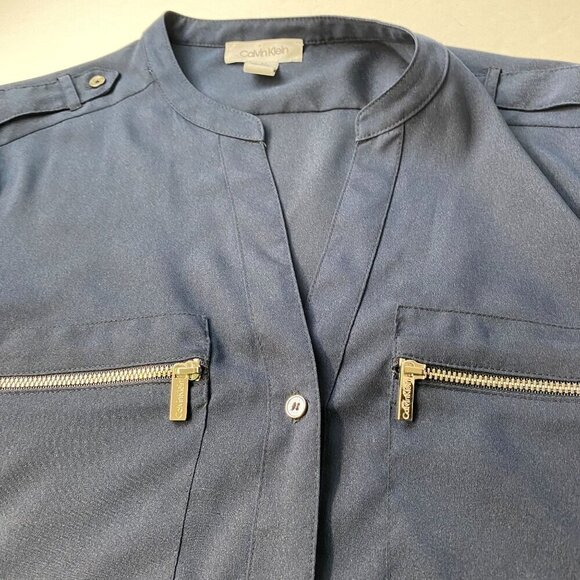 Calvin Klein Women's Navy Button-Down Long Sleeve Shirt Size S Pockets used - Picture 7 of 10